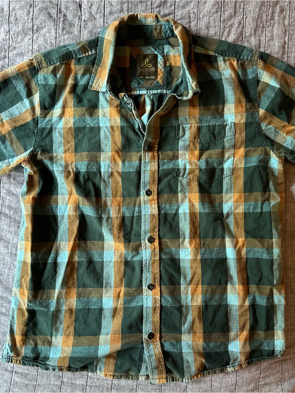 Prana Plaid Button-Up Shirt in Green, Mustard & Teal